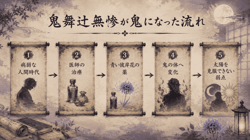 鬼舞辻無惨が病弱な人間時代から医師の治療を経て鬼になった理由を整理した図解画像